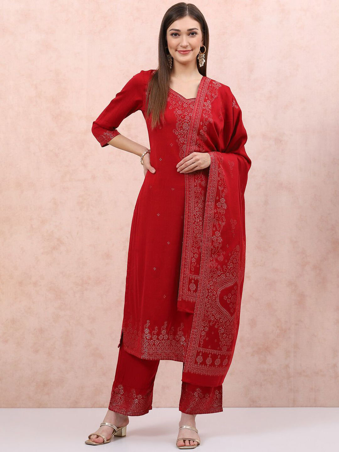 

Rangriti Floral Woven Design Sweetheart Neck Straight Kurta With Palazzos & Dupatta, Red