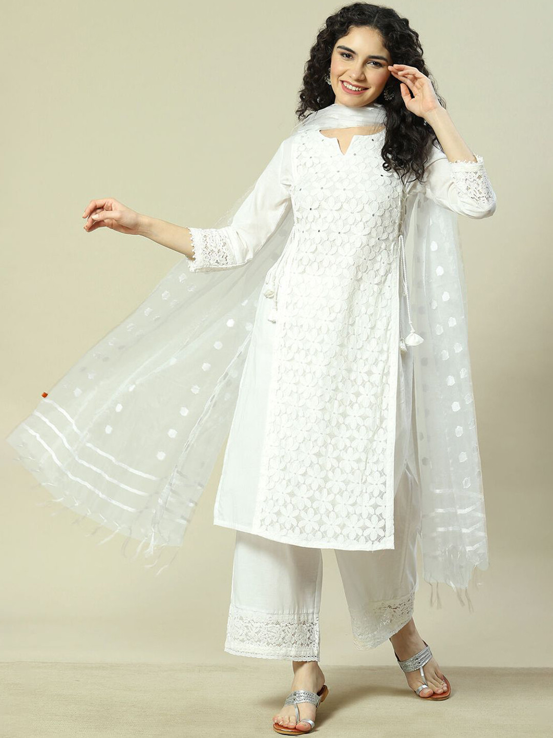 

Rangriti Floral Embroidered Pure Cotton Straight Kurta With Palazzos & Dupatta, White