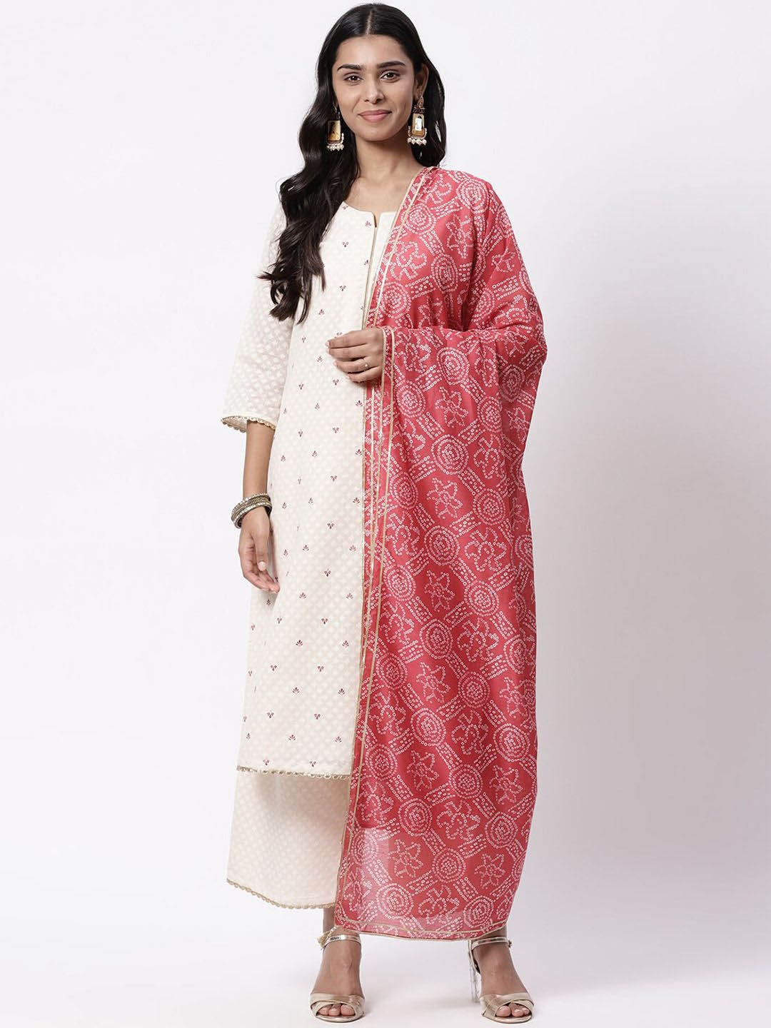 

Rangriti Geometric Printed Notch Neck Straight Kurta With Palazzos & Dupatta, White