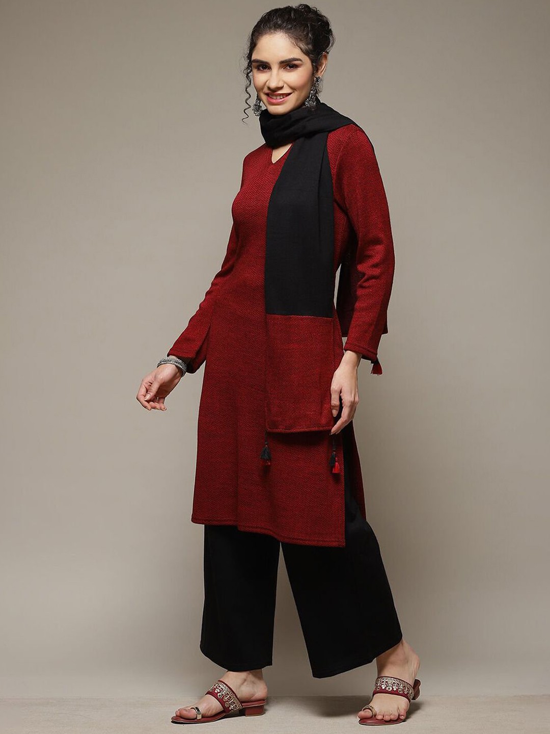 

Rangriti Chevron Woven Design Straight Kurta With Palazzos & Dupatta, Maroon