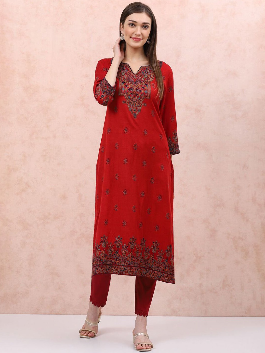 

Rangriti Floral Woven Design Round Neck Straight Kurta With Trousers, Red