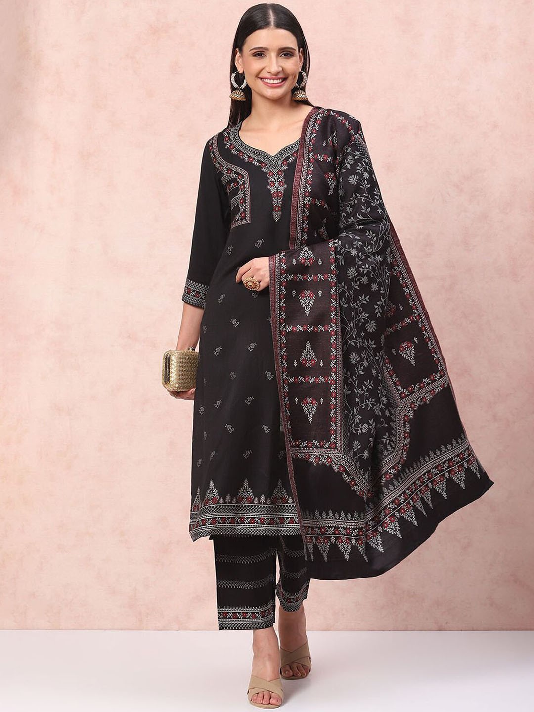 

Rangriti Floral Woven Design Sweetheart Neck Straight Kurta With Trouser And Dupatta, Black