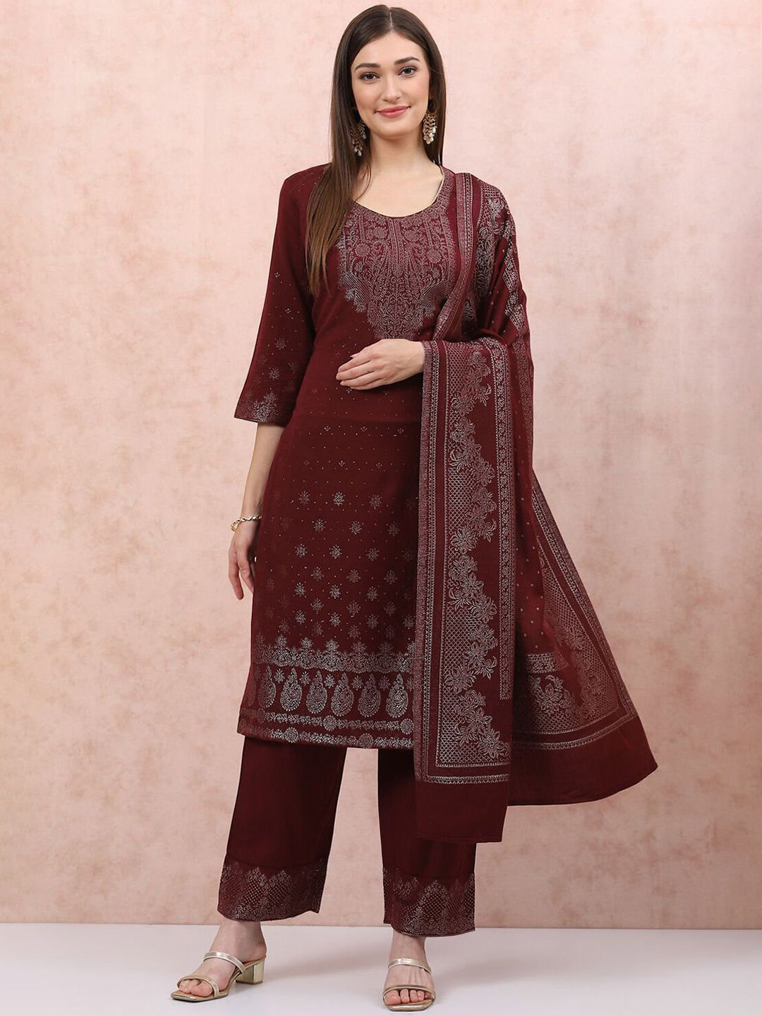 

Rangriti Women Floral Embroidered Regular Thread Work Kurta with Palazzos & With Dupatta, Maroon