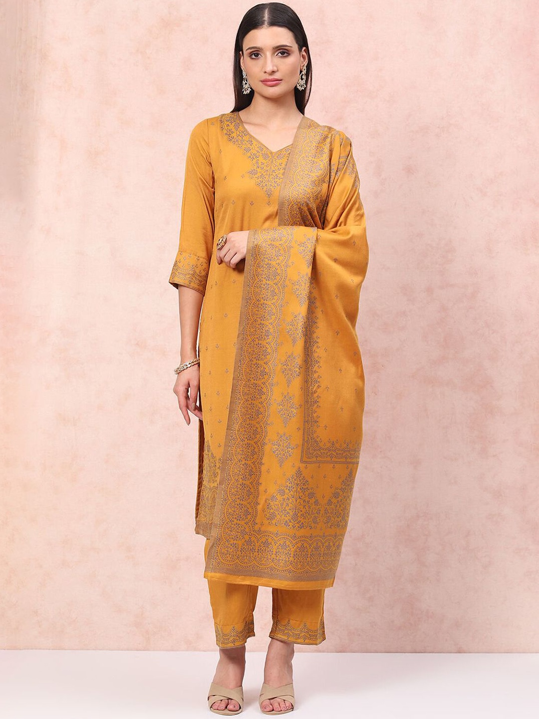 

Rangriti Floral Embroidered V-Neck Thread Work Straight Kurta With Trousers & Dupatta, Mustard