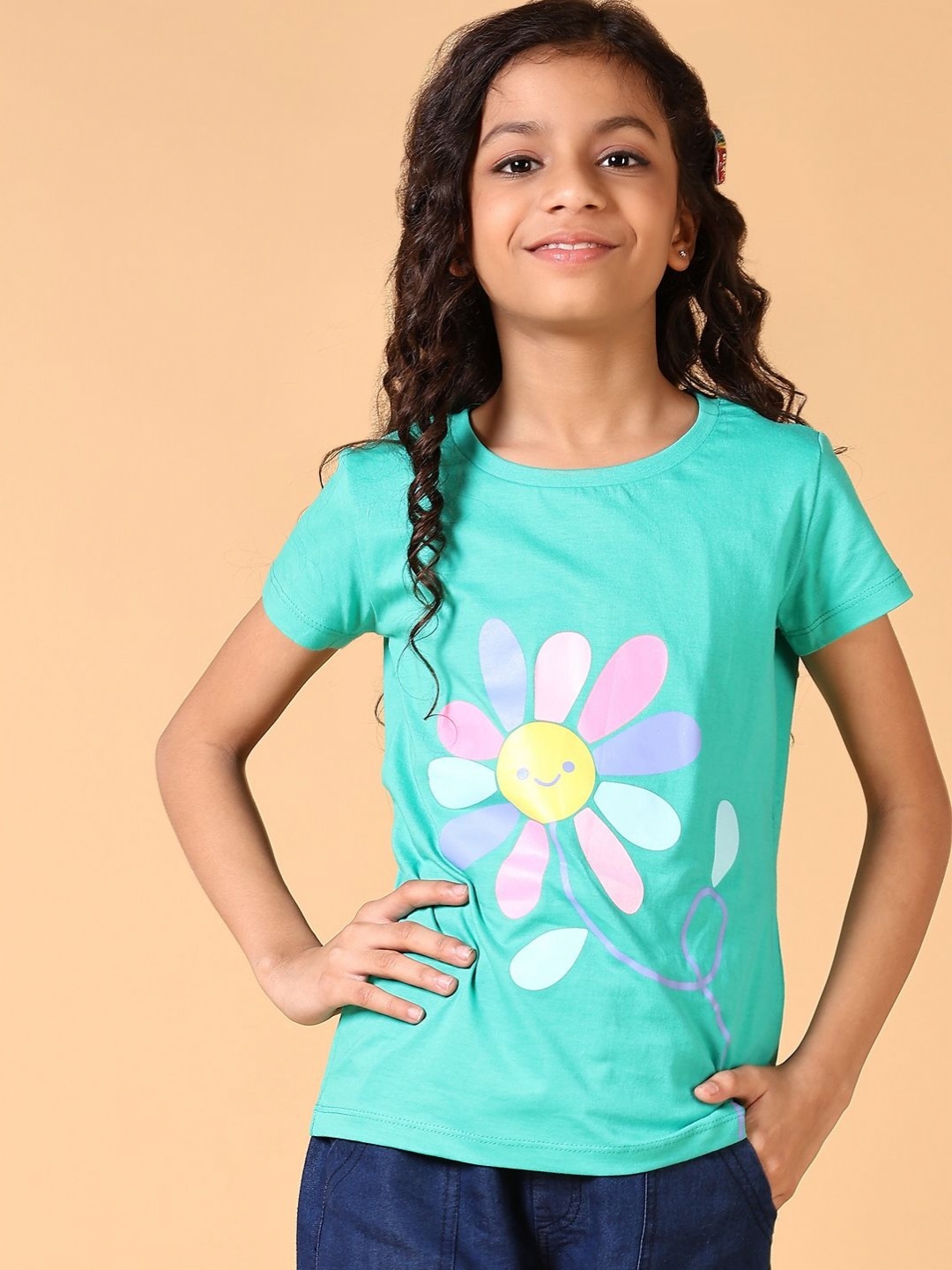 

V-Mart Girls Floral Printed Round Neck Cotton T-shirt, Green