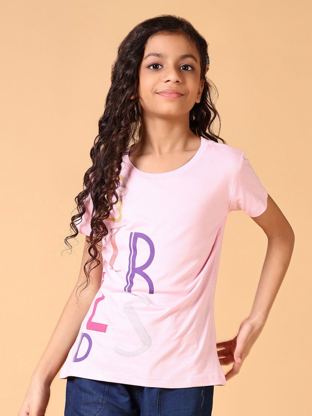 

V-Mart Girls Typography Printed Round Neck Cotton T-shirt, Pink