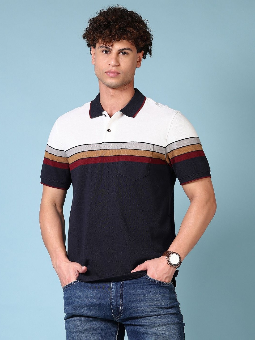 

V-Mart Men Striped Polo Collar Cotton T-shirt, Navy blue