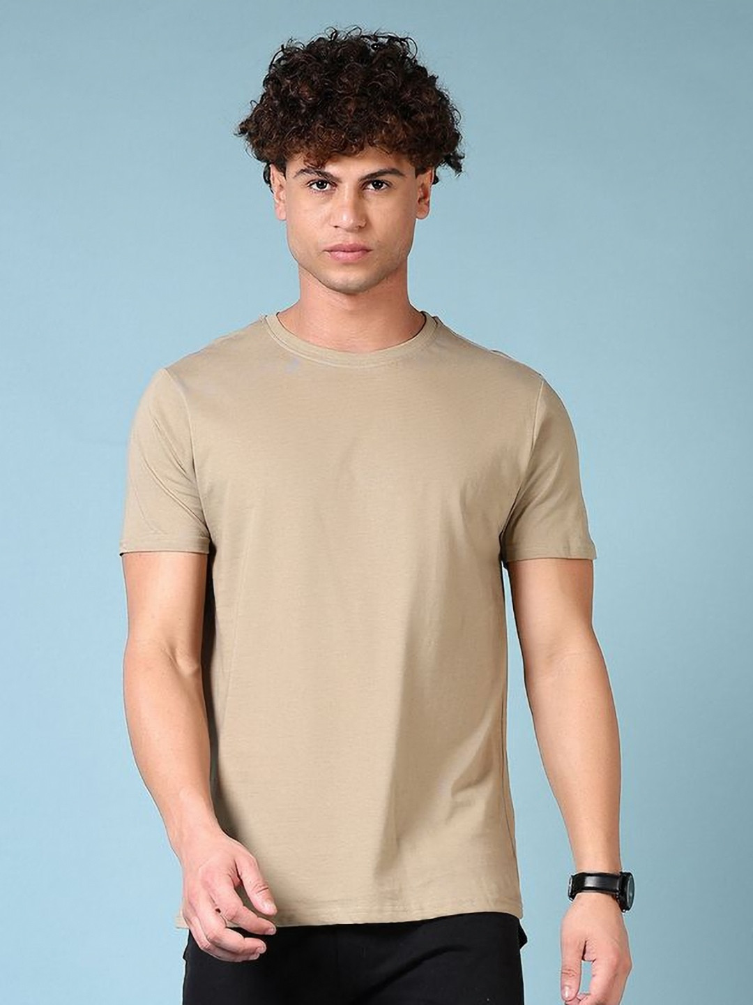 

V-Mart Men Solid Round Neck Cotton T-shirt, Beige