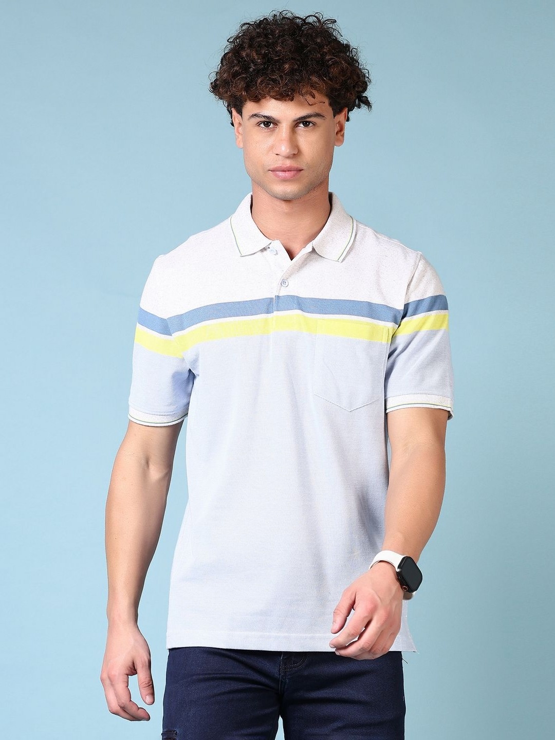 

V-Mart Men Striped Polo Collar Cotton T-shirt, Blue