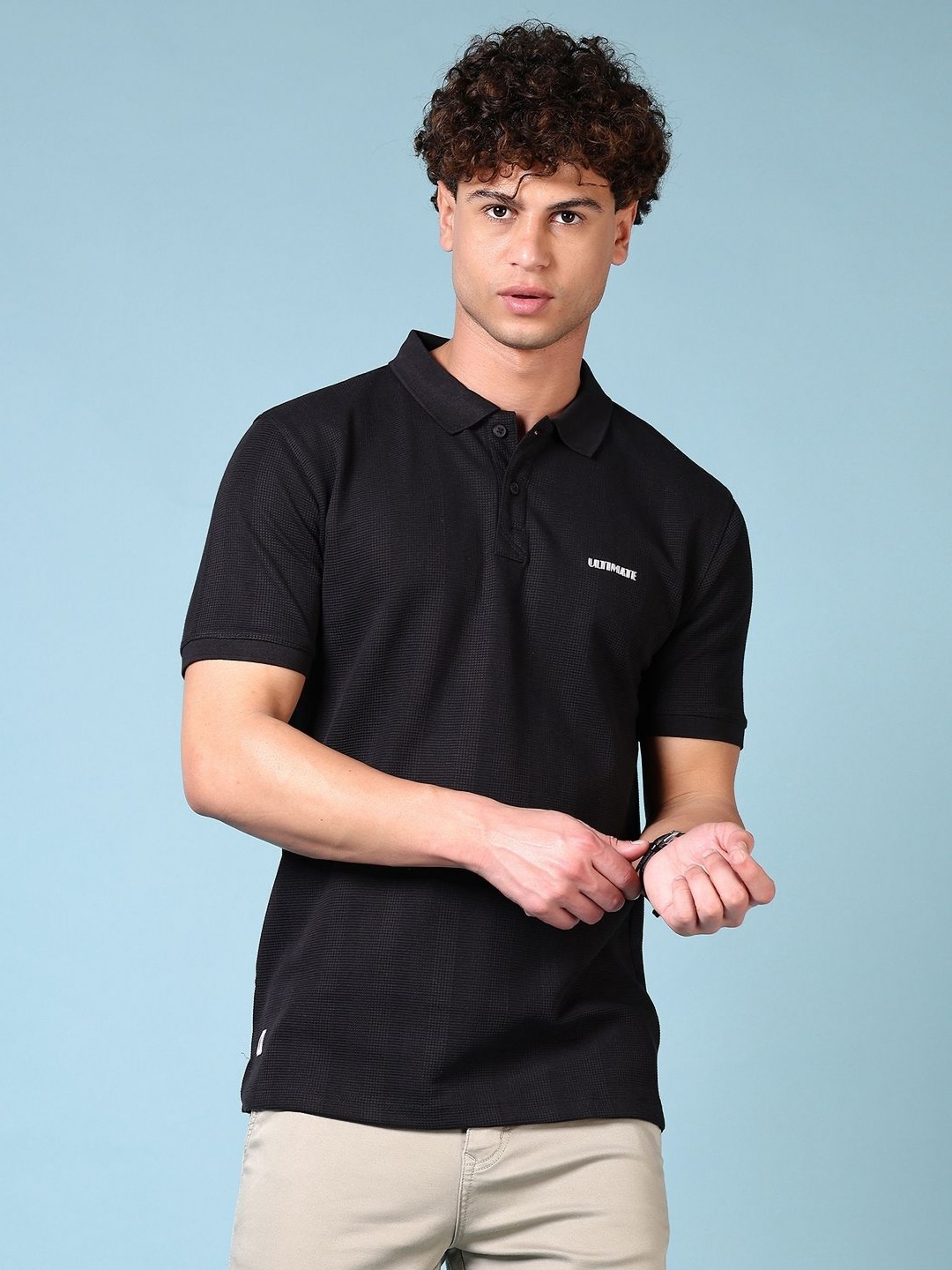 

V-Mart Men Self Design Polo Collar Cotton T-shirt, Black