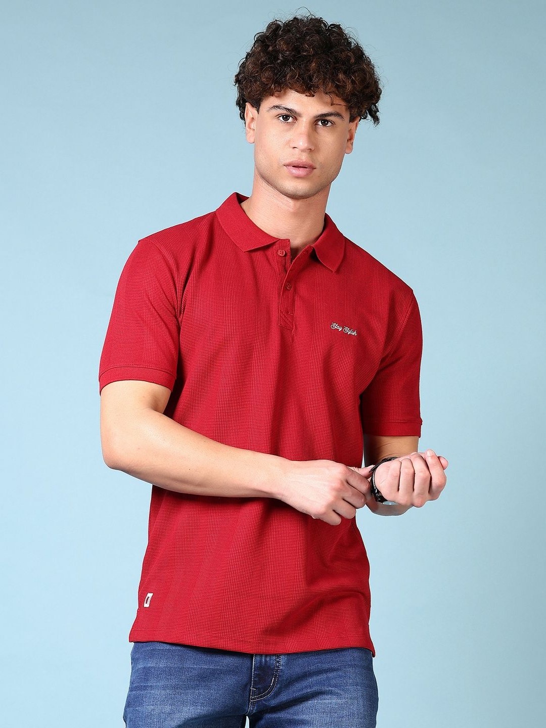 

V-Mart Men Self Design Polo Collar Cotton T-shirt, Maroon