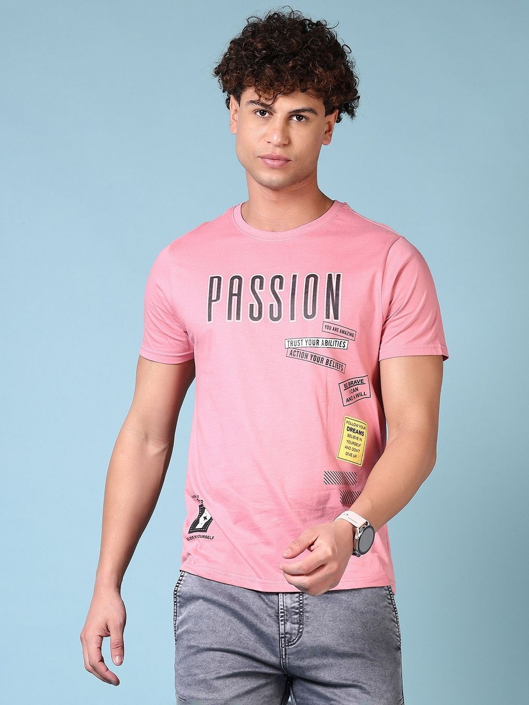V-Mart Men Typography Printed Round Neck Cotton T-shirt, Peach