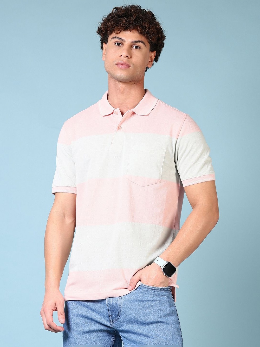 

V-Mart Men Striped Polo Collar Pockets T-shirt, Coral