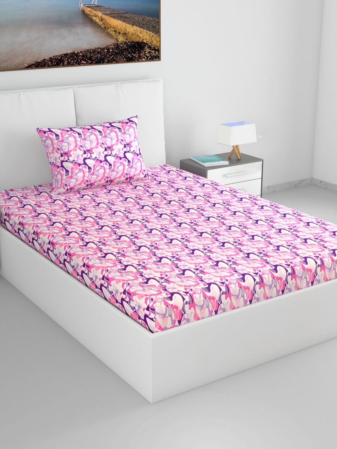 

Divine Casa Purple & Pink Floral 100% Cotton 144 TC Single Bedsheet Set- 2.23m x 1.45m