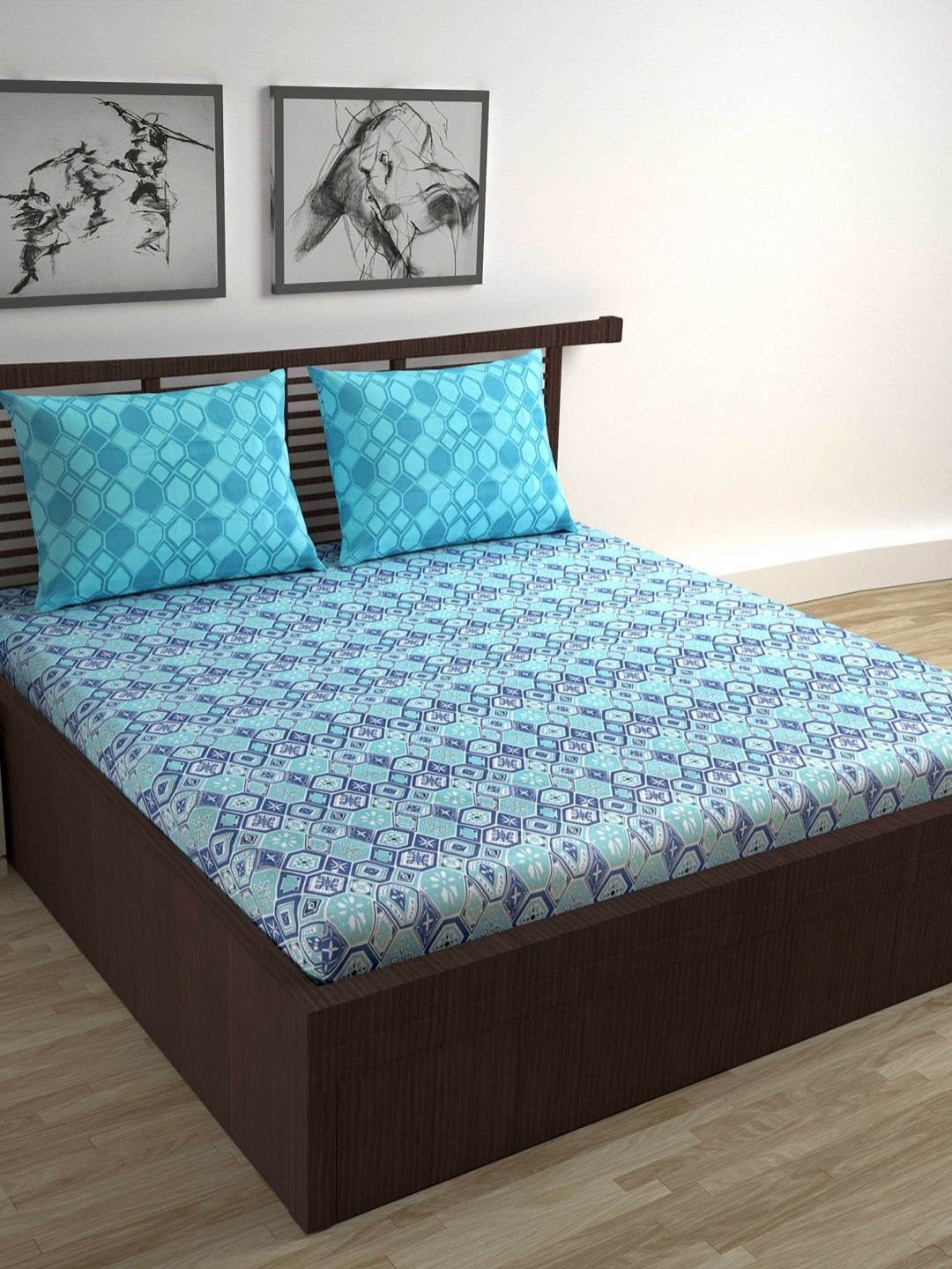 

Divine Casa Trident Yellow Printed Pure Cotton 144 TC Single Bedsheet Set 2.54 m x 2.22 m, Blue