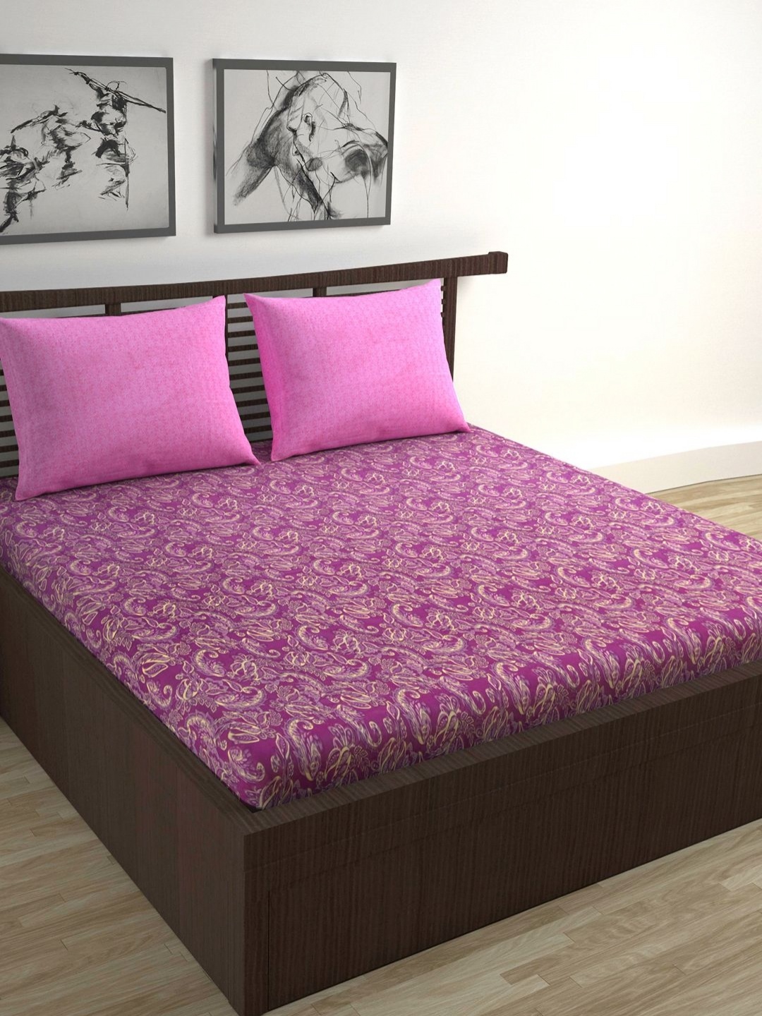 

Divine Casa Trident Pink Printed Pure Cotton 144 TC Queen Bedsheet Set 2.54 m x 2.22 m