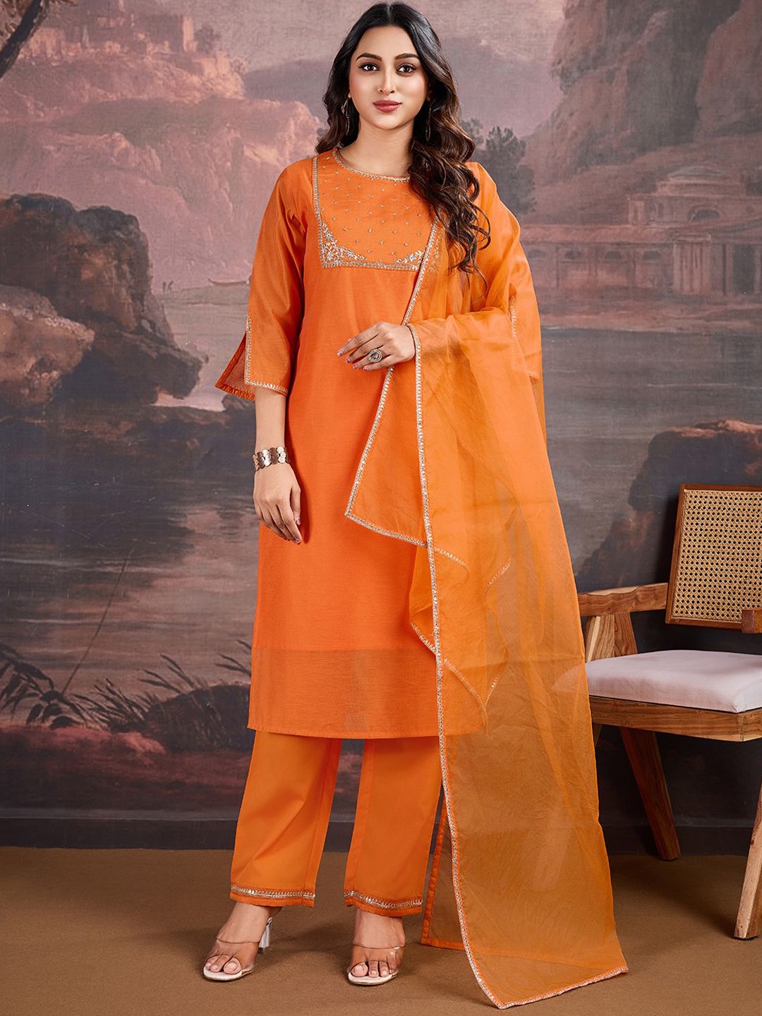 

House of Pataudi Floral Yoke Design Sequinned Straight Kurta & Trouser With Dupatta, Orange