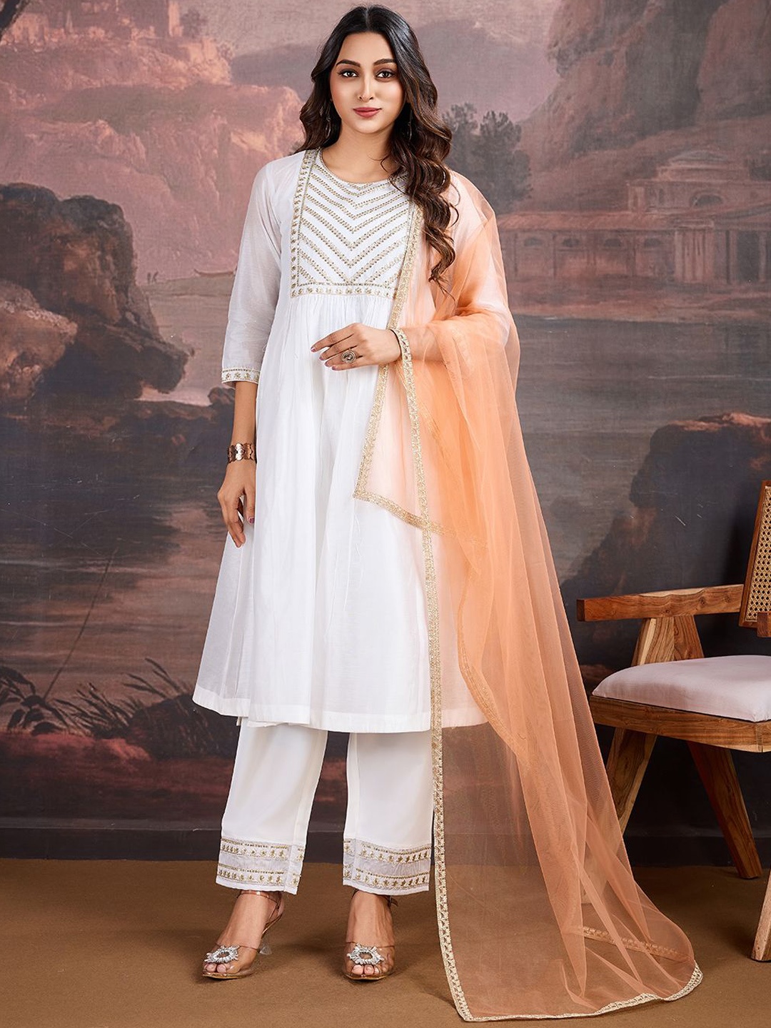 

House of Pataudi Floral Yoke Design Sequinned A-Line Kurta & Trousers With Dupatta, White