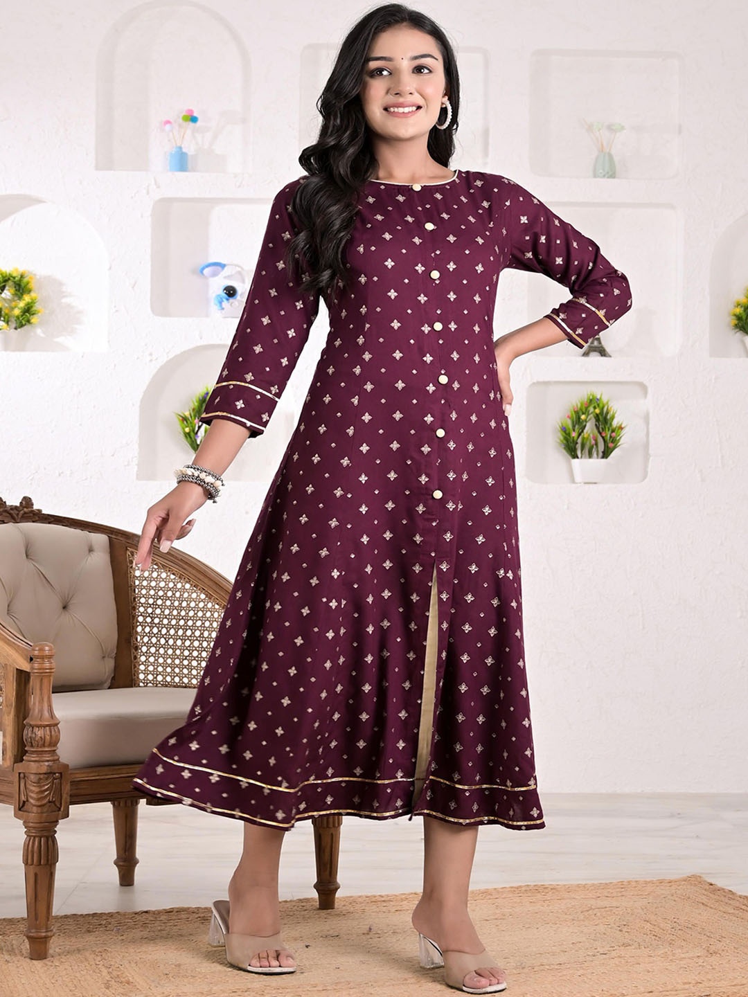 

KASHISHIYA Ethnic Motifs Printed Round Neck A-Line Dresses, Purple