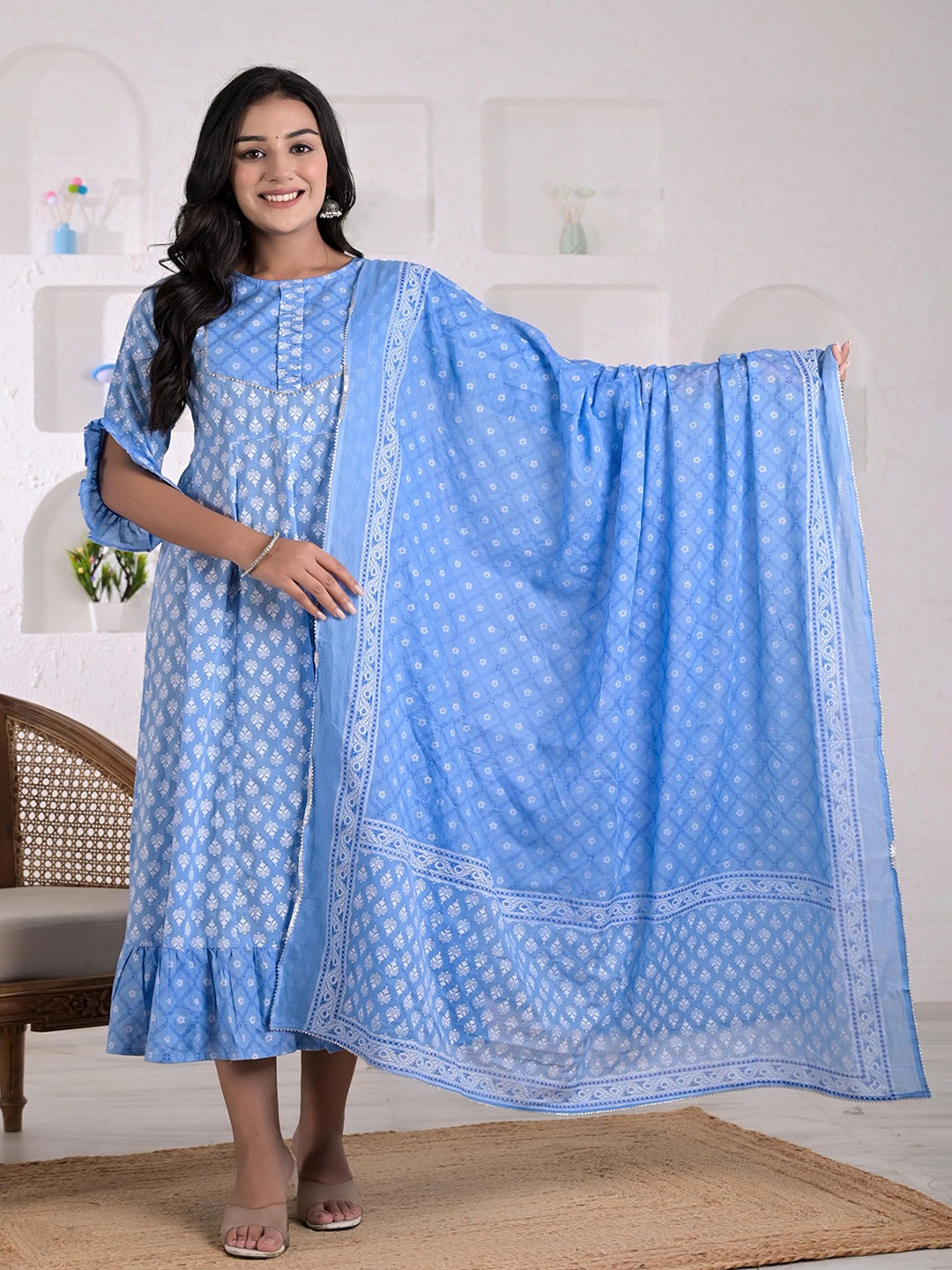 

KASHISHIYA Ethnic Motifs Printed Gotta Patti Cotton Anarkali Kurta, Blue