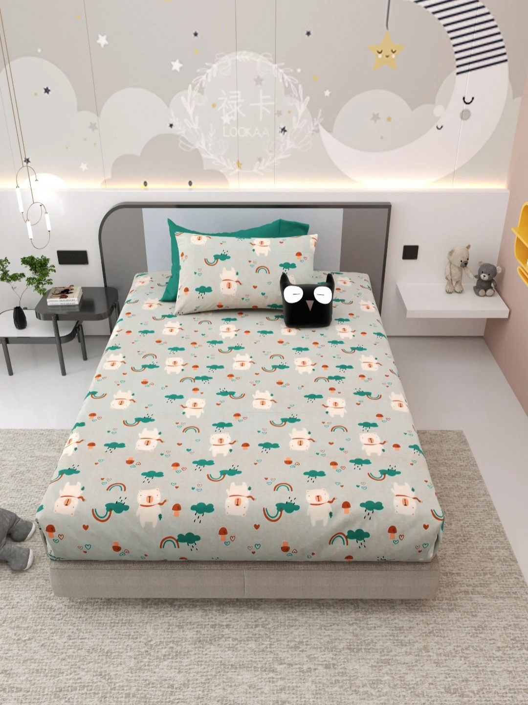 

LIVING ROOTS Green & White 220 TC Single Bedsheet with 1 Pillow Covers