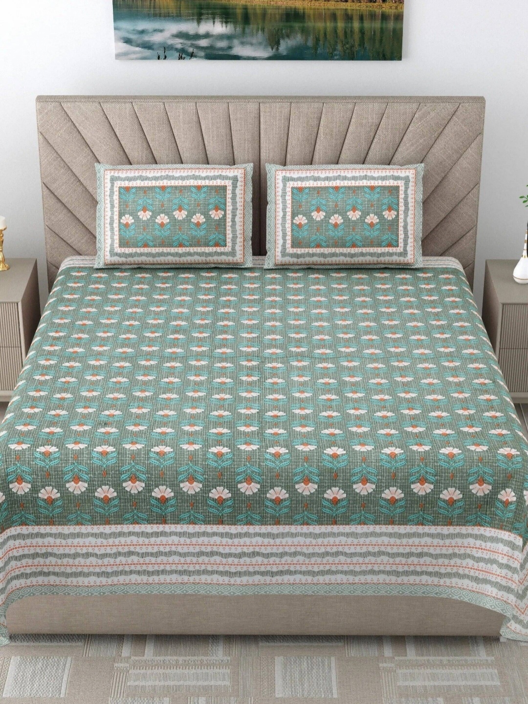 

LIVING ROOTS Elegance Green Floral 250 TC Pure Cotton King Bedsheet 2.18 m x 2.64 m