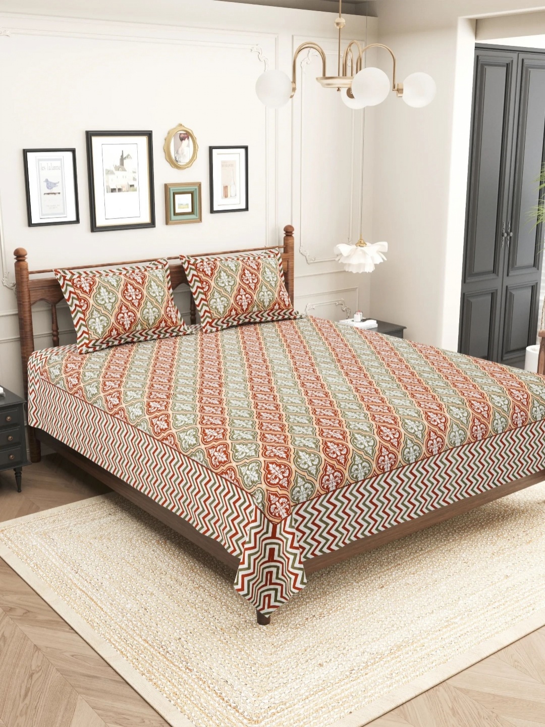 

LIVING ROOTS Sanganeri Beige Printed Pure Cotton 250 TC King Bedsheet Set 2.43 m X 2.64 m