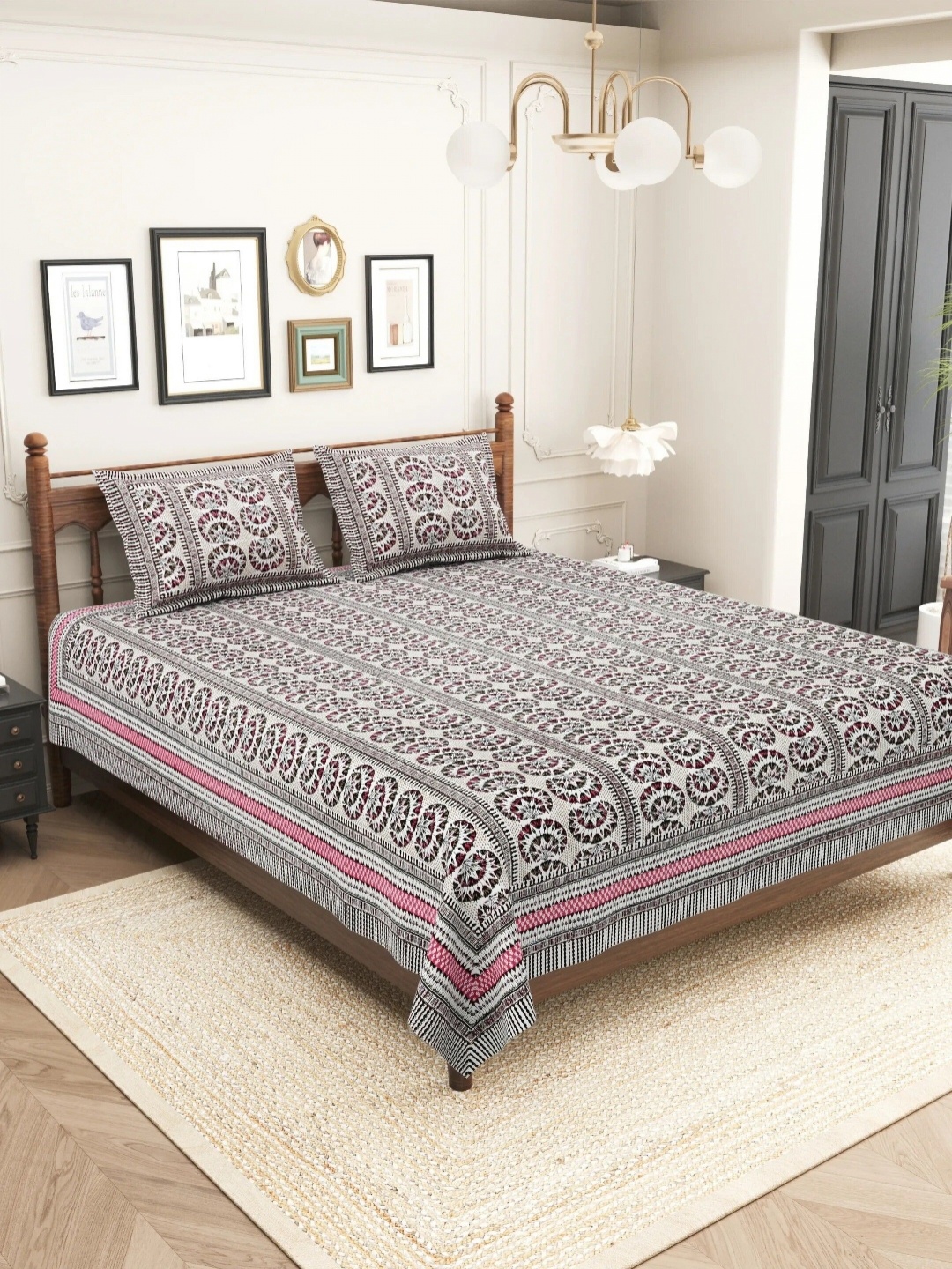 

LIVING ROOTS Sanganeri Grey Floral Pure Cotton 250 TC King Bedsheet Set 2.43 m x 2.64 m