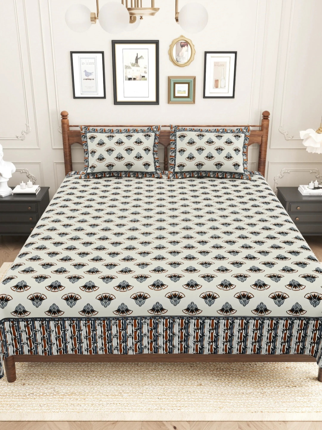 

LIVING ROOTS Sanganeri Grey & white Pure Cotton 250 TC King Bedsheet Set 2.81 m X 2.61 m
