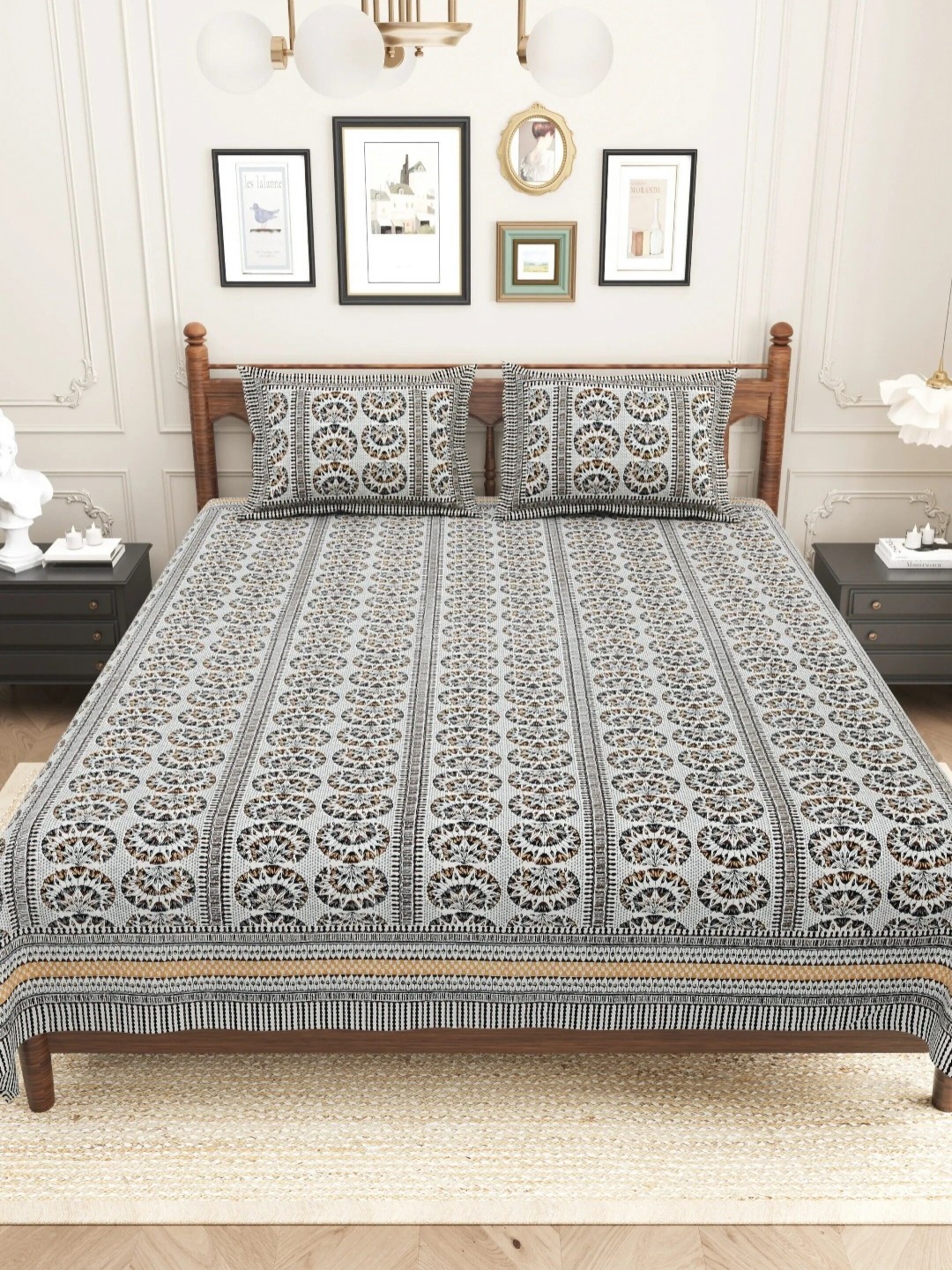 LIVING ROOTS sanganeri Grey Printed Pure Cotton 250 TC King Bedsheet Set 2.43 m X 2.64 m