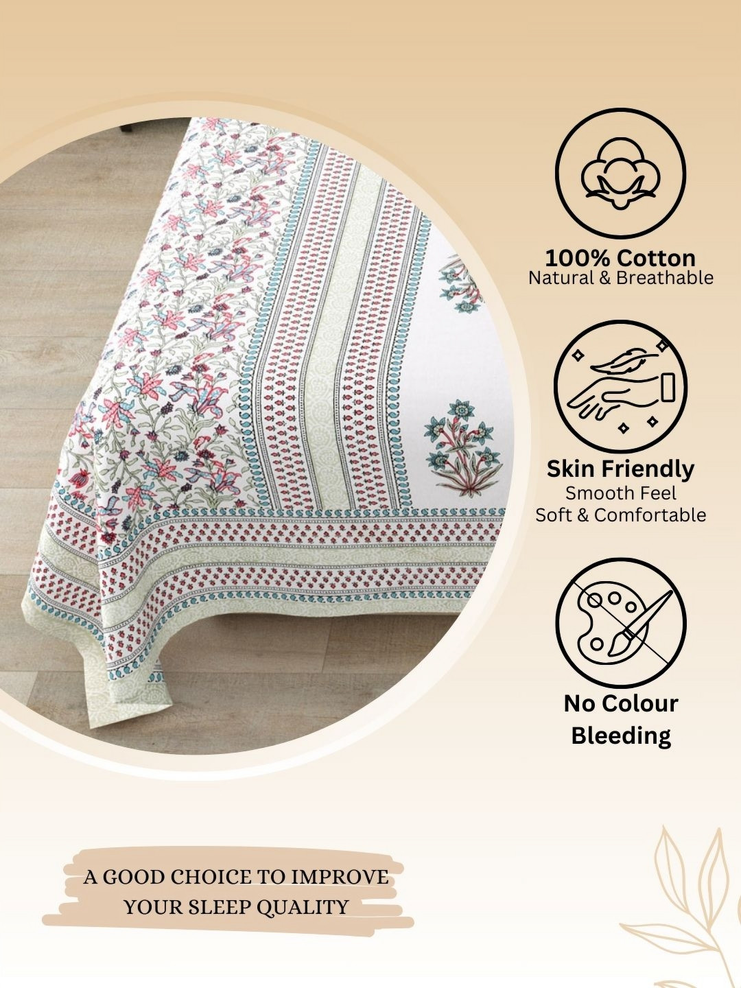 

LIVING ROOTS Kalakriti Floral Printed Pure Cotton 250 TC King Bedsheet Set 2.43 m x 2.64 m, White