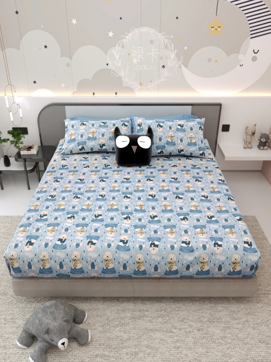 

LIVING ROOTS Kinder Joy Blue Printed Pure Cotton 250 TC King Bedsheet Set- 2.43 m x 2.64 m