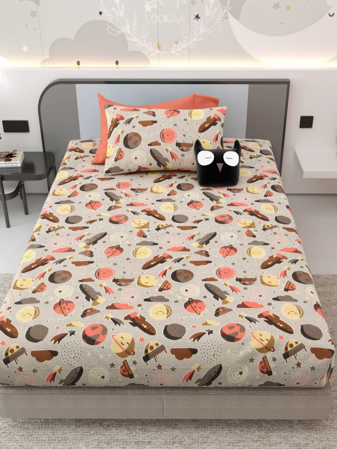 LIVING ROOTS Kinder Joy Grey 220 TC Pure Cotton Single Bedsheet 1.42 meters x2.18 meters