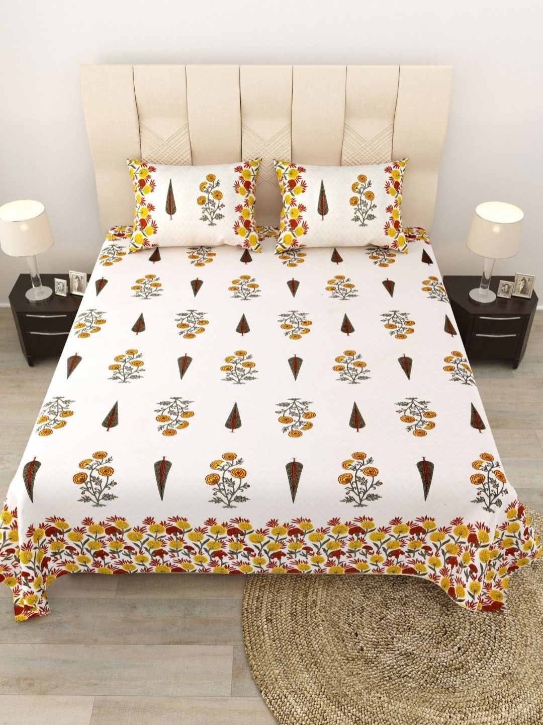 

LIVING ROOTS Kalakriti Cream Printed 250 TC Pure Cotton King Bedsheet Set 2.13 m x 2.64 m