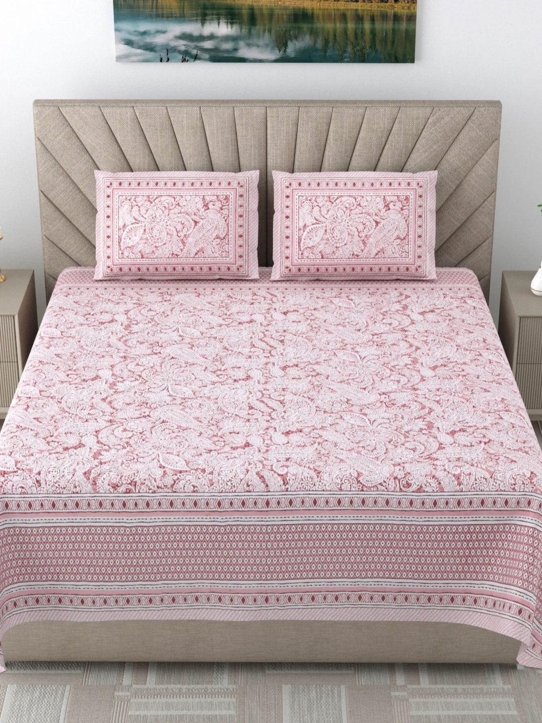 

LIVING ROOTS Elegance Pink Floral Pure Cotton 250 TC King Bedsheet Set 2.81 m X 2.61 m