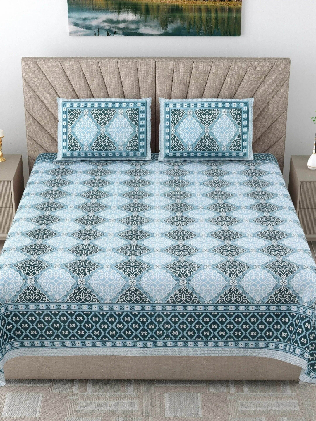 

LIVING ROOTS Elegance Blue Printed Pure Cotton 250 TC King Bedsheet Set 2.13 m x 2.64 m