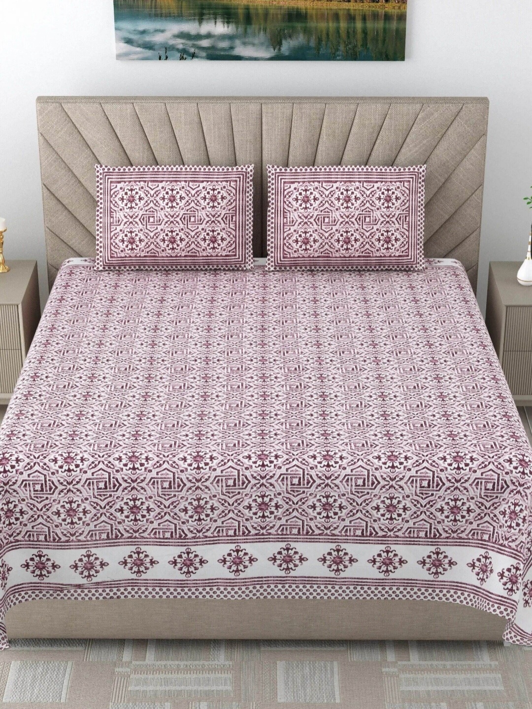 

LIVING ROOTS Elegance Pink Printed Pure Cotton 250 TC King Bedsheet Set- 2.18 m x 2.64 m
