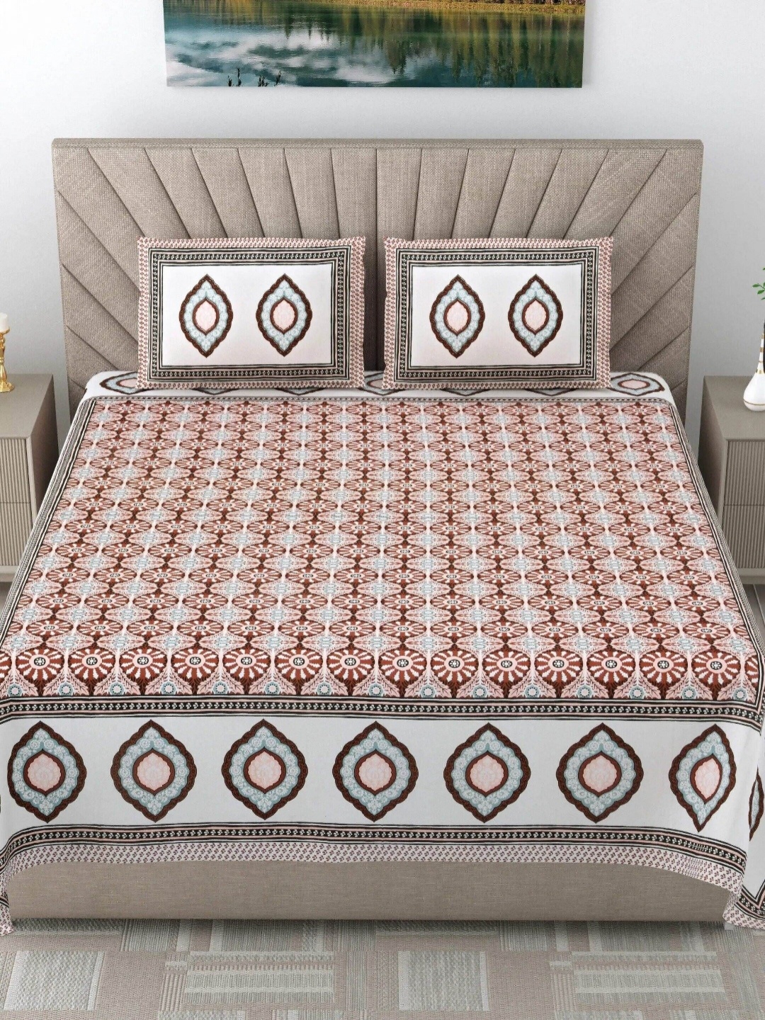 

LIVING ROOTS Elegance Pink Ethnic Motifs 250 TC Pure Cotton King Bedsheet 2.18m x2.64m, Brown