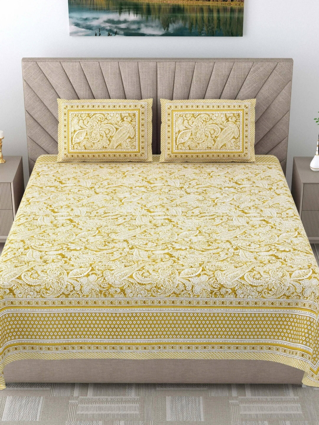 

LIVING ROOTS Elegance Yellow Floral Pure Cotton 250 TC King Bedsheet Set 2.81 m X 2.61 m