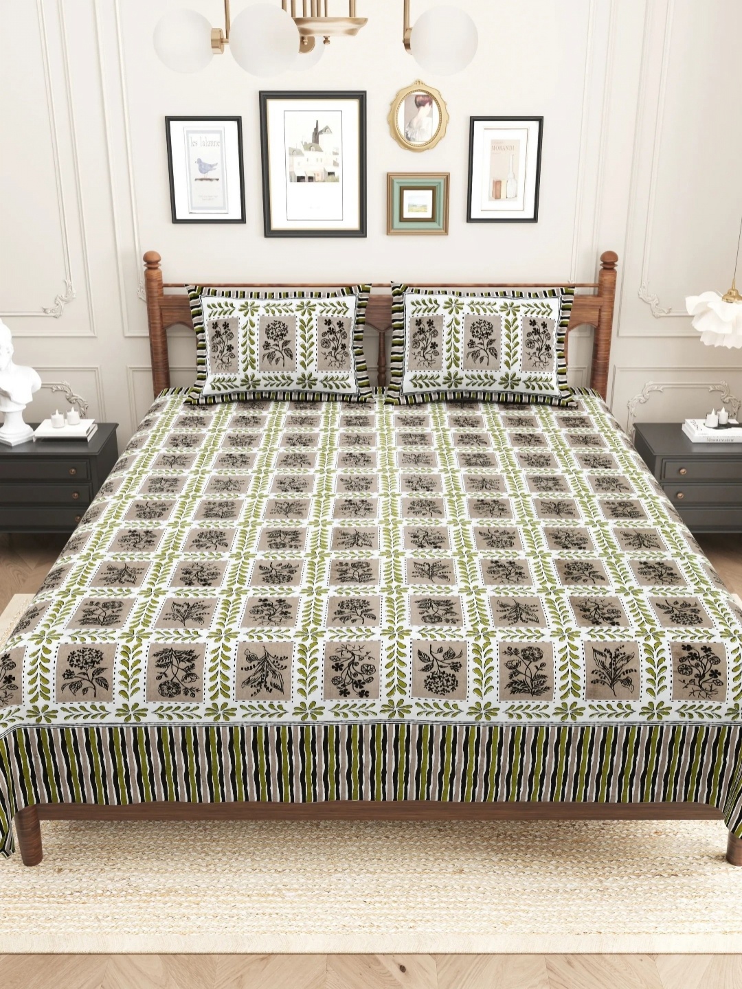 

LIVING ROOTS sanganeri Grey Printed Pure Cotton 250 TC King Bedsheet Set 2.43 m X 2.64 m
