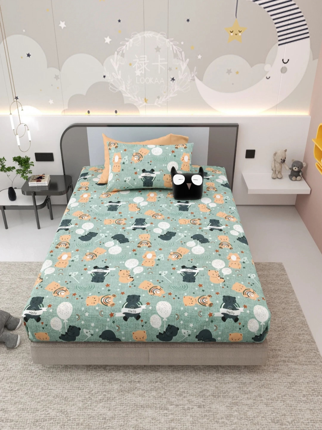 

LIVING ROOTS Kinder Joy Single Green Printed 220 TC Single Bedsheet Set - 1.42 m x 2.18 m