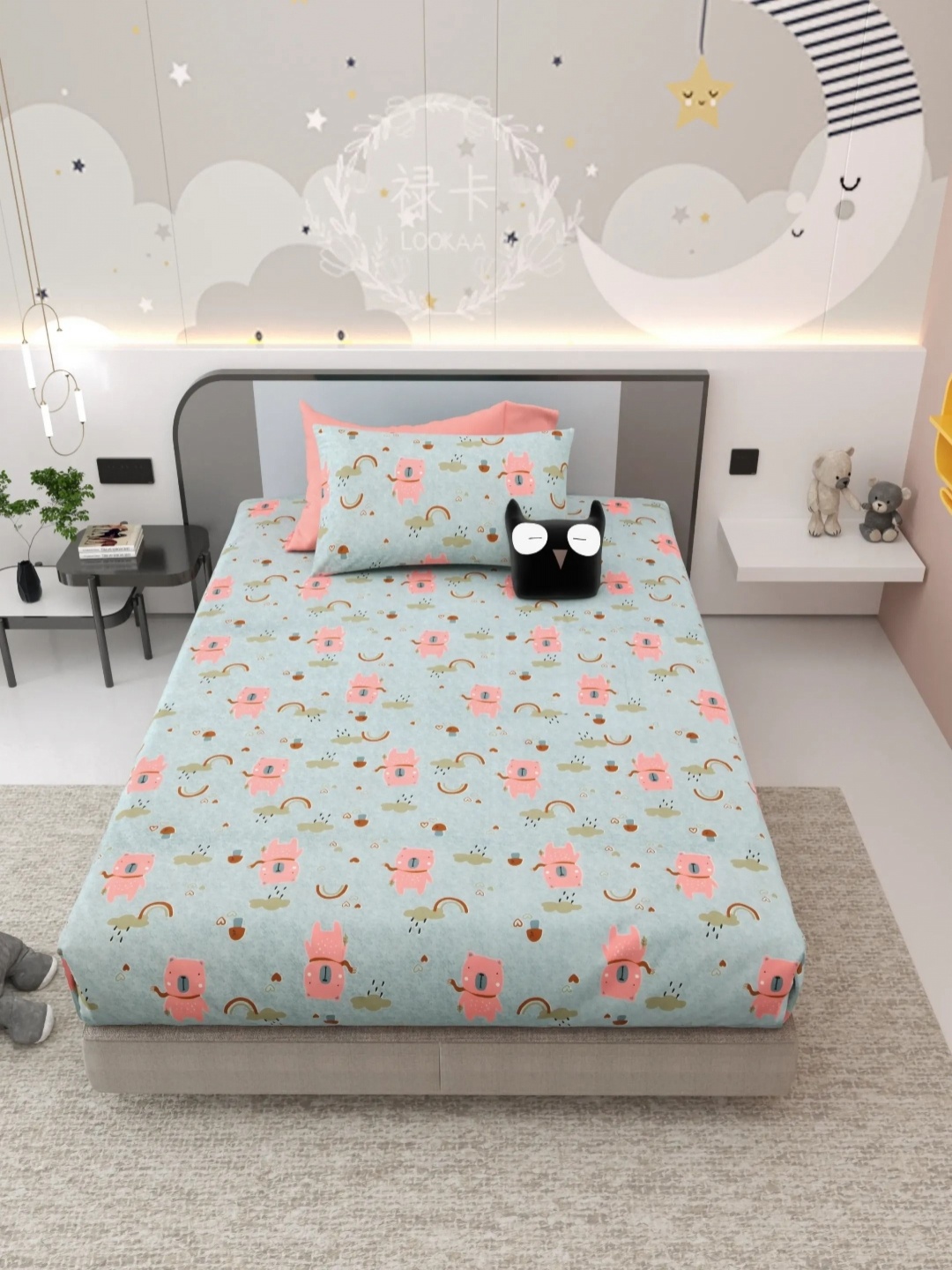 LIVING ROOTS kinder joy single Blue Pure Cotton 220 TC Single Bedsheet Set 1.42 m X 2.18 m