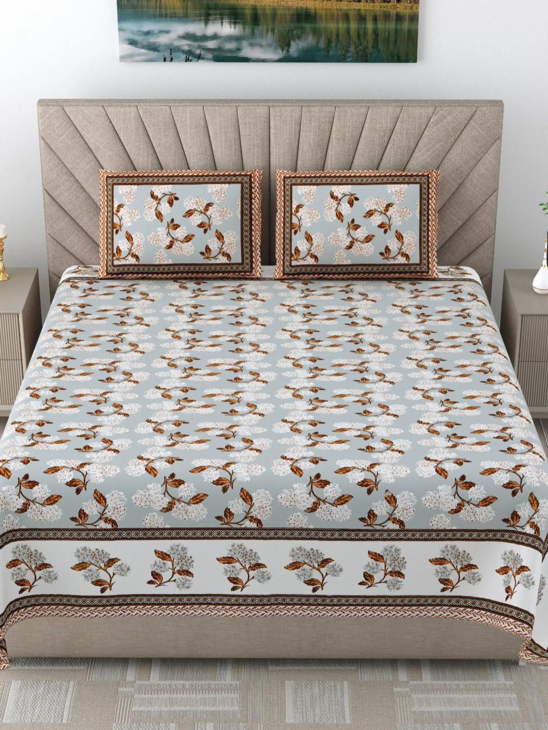 

LIVING ROOTS Elegance Grey Printed Pure Cotton 250 TC King Bedsheet Set- 2.18 m x 2.64 m