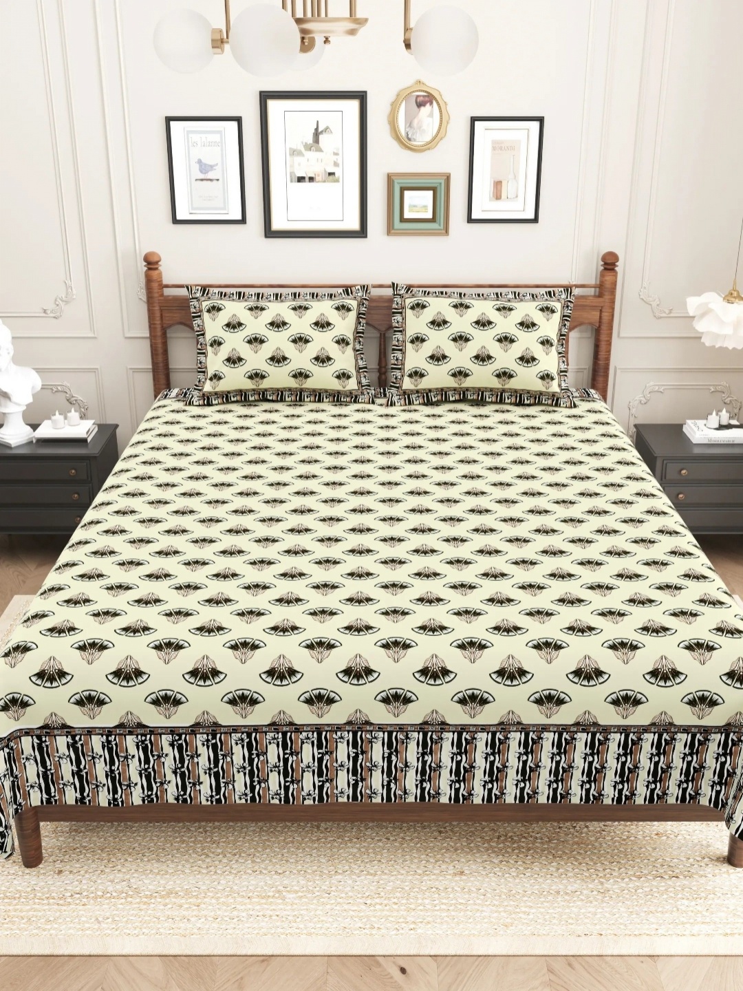 

LIVING ROOTS Sanganeri Yellow Printed Pure Cotton 250TC King Bedsheet Set 2.81 m X 2.61 m