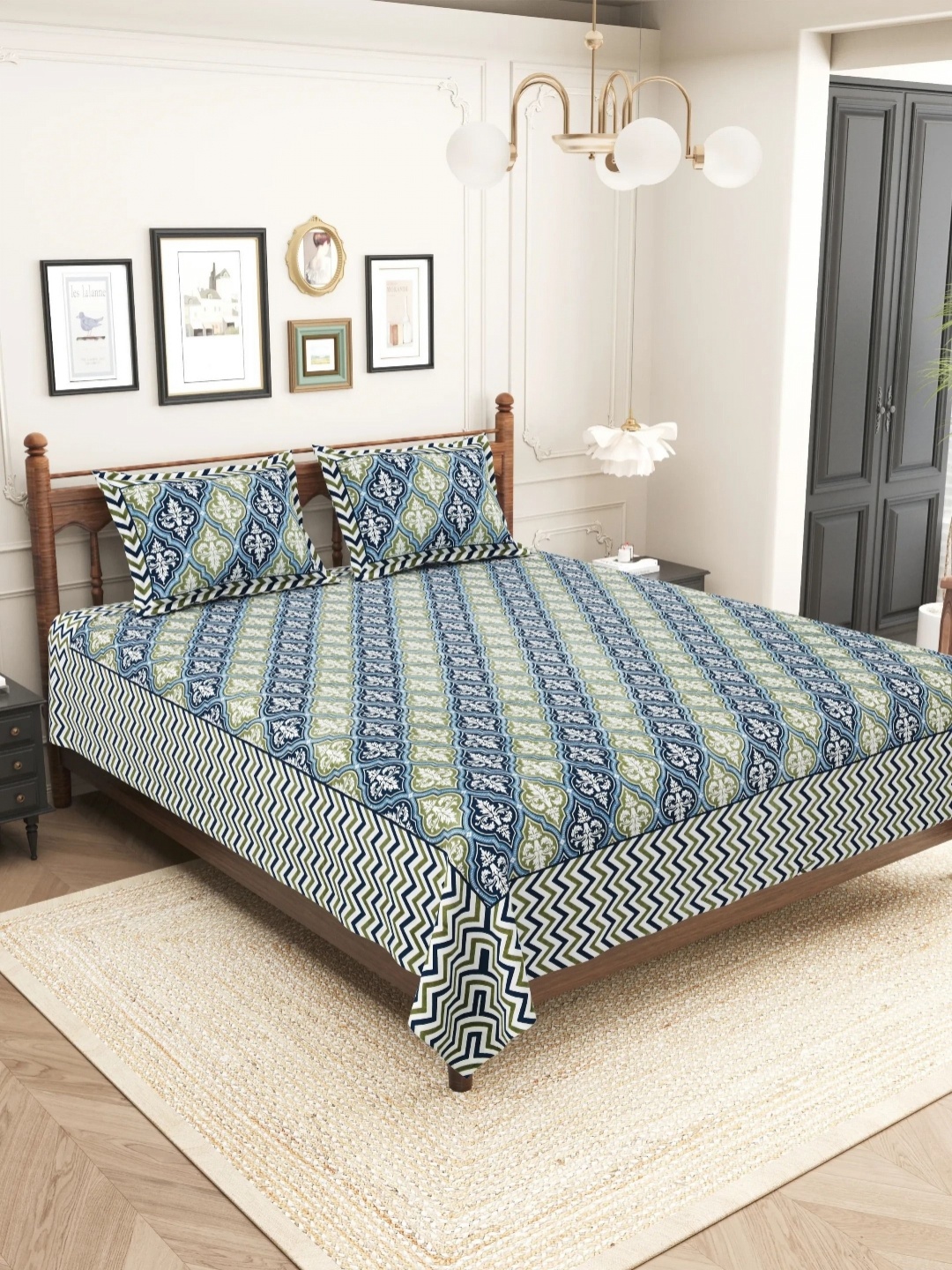 

LIVING ROOTS Sanganeri Ethnic Motifs Pure Cotton 250 TC King Bedsheet Set 2.43 m x 2.64 m, Blue
