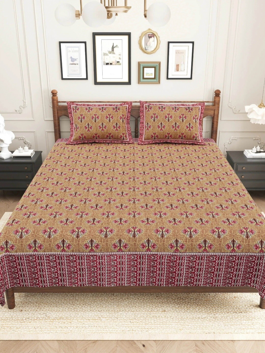 

LIVING ROOTS Sanganeri Beige & Pink Floral 250 TC Pure Cotton King Bedsheet 2.43 mx 2.64 m