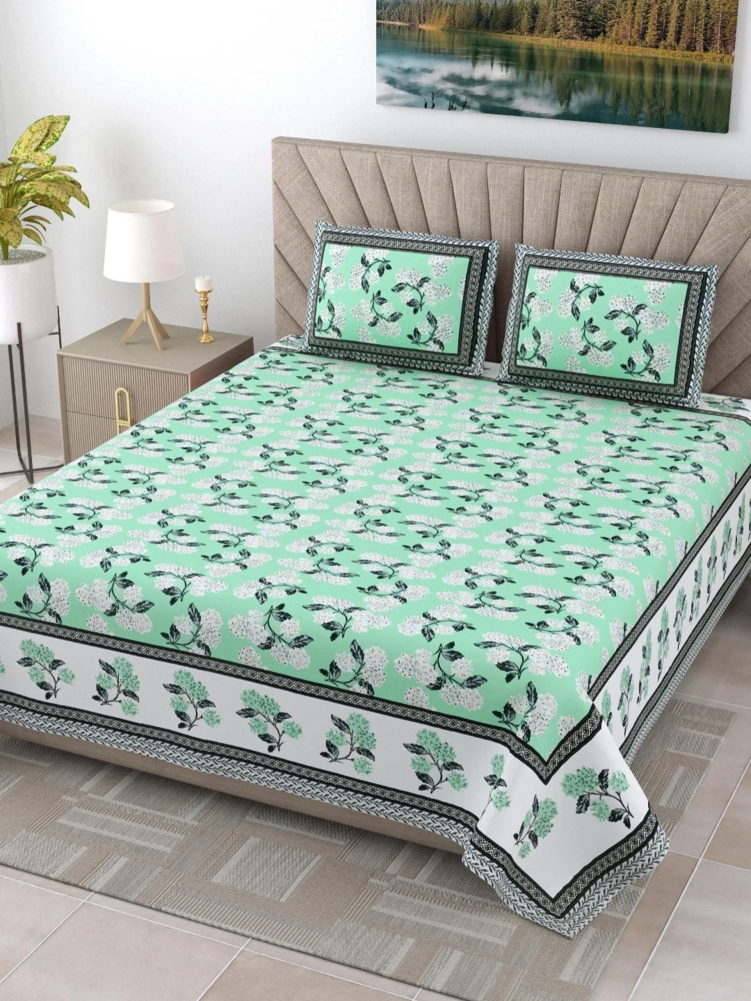 LIVING ROOTS elegance Green Printed Pure Cotton 250 TC King Bedsheet Set 2.18 m X 2.64 m