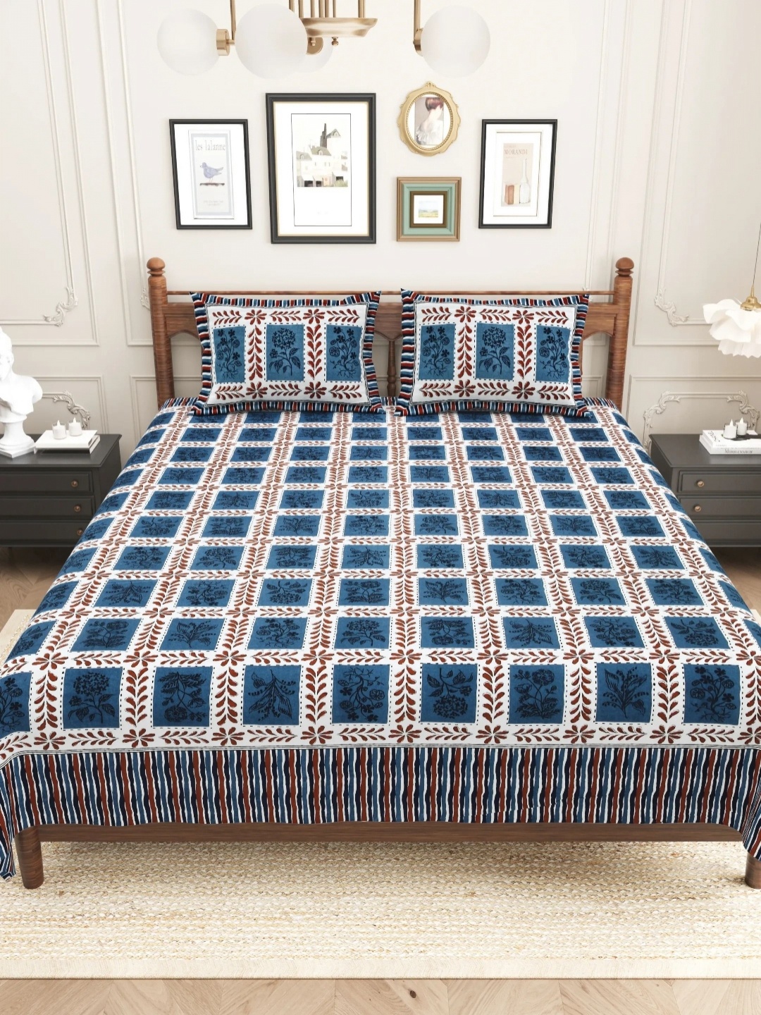 

LIVING ROOTS sanganeri Blue Printed Pure Cotton 250 TC King Bedsheet Set 2.43 m X 2.64 m