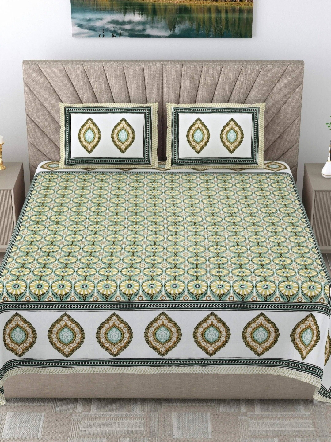 

LIVING ROOTS Elegance Green Printed Pure Cotton 144TC King Bedsheet Sets - 2.18 m x 2.64 m
