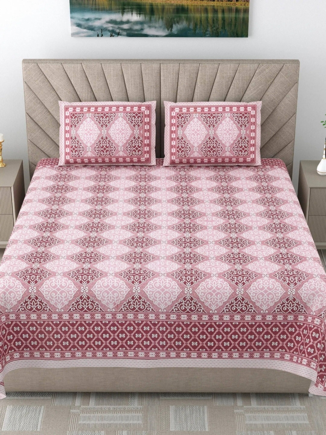 

LIVING ROOTS Elegance Pink Printed 250 TC Pure Cotton King Bedsheet Set 2.18 m X 2.64 m